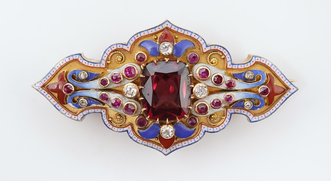 A fine Victorian Renaissance Revival tourmaline, diamond, ruby and enamel brooch, late 19th century